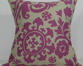 New 18x18 inch Designer Handmade Pillow Case in fuschia and taupe suzani