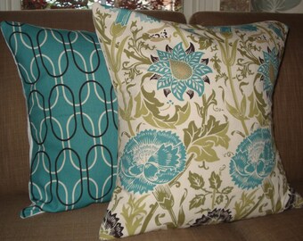 TWO New 18x18 inch Designer Handmade Pillow Cases in turquoise, dark brown, and two shades of green on cream.