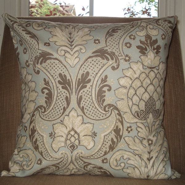 New 18x18 inch Designer Handmade Pillow Case in a blue, taupe and white traditional pattern.