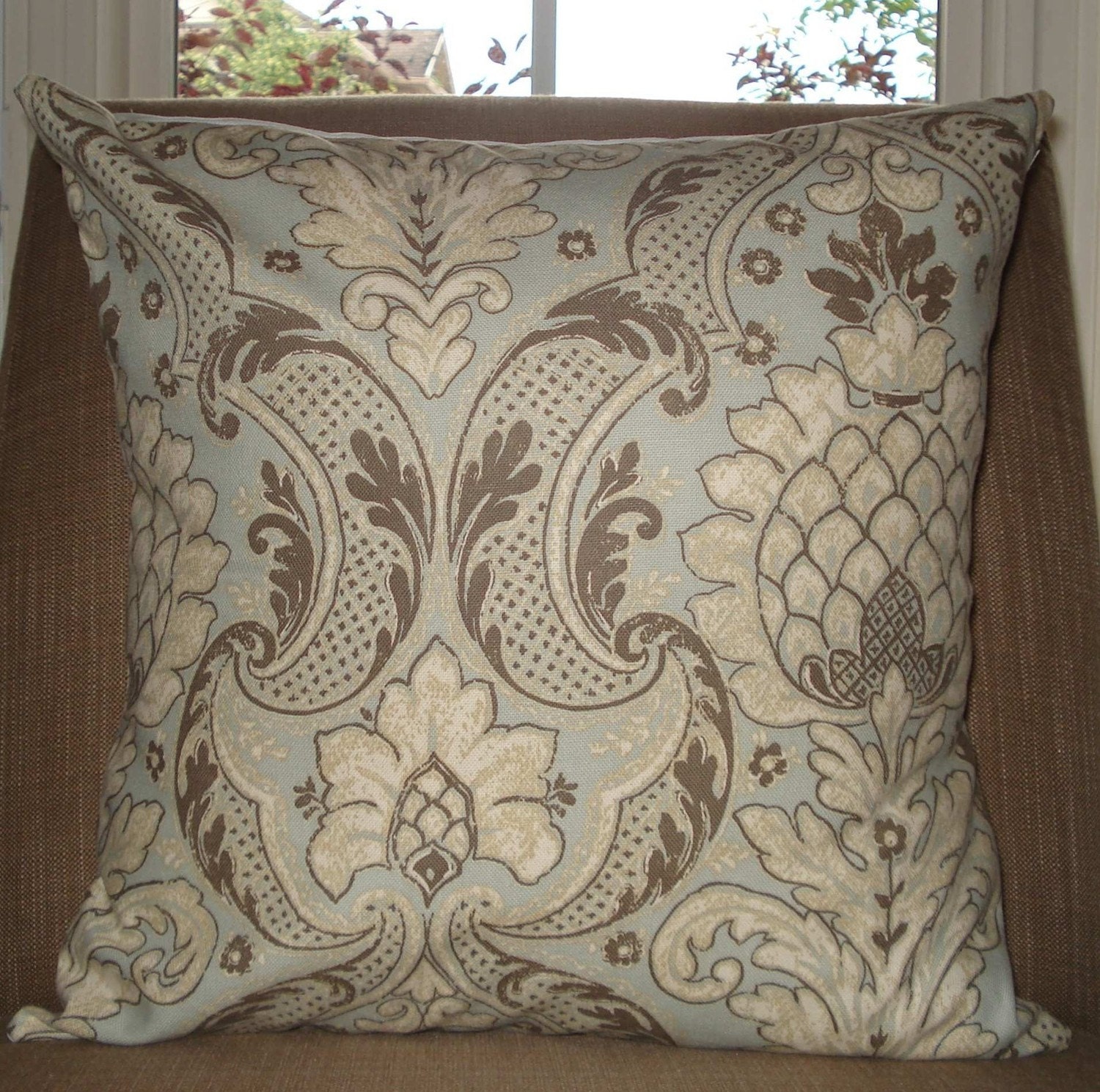 New 18x18 Inch Designer Handmade Pillow Case in a Blue, Taupe and White