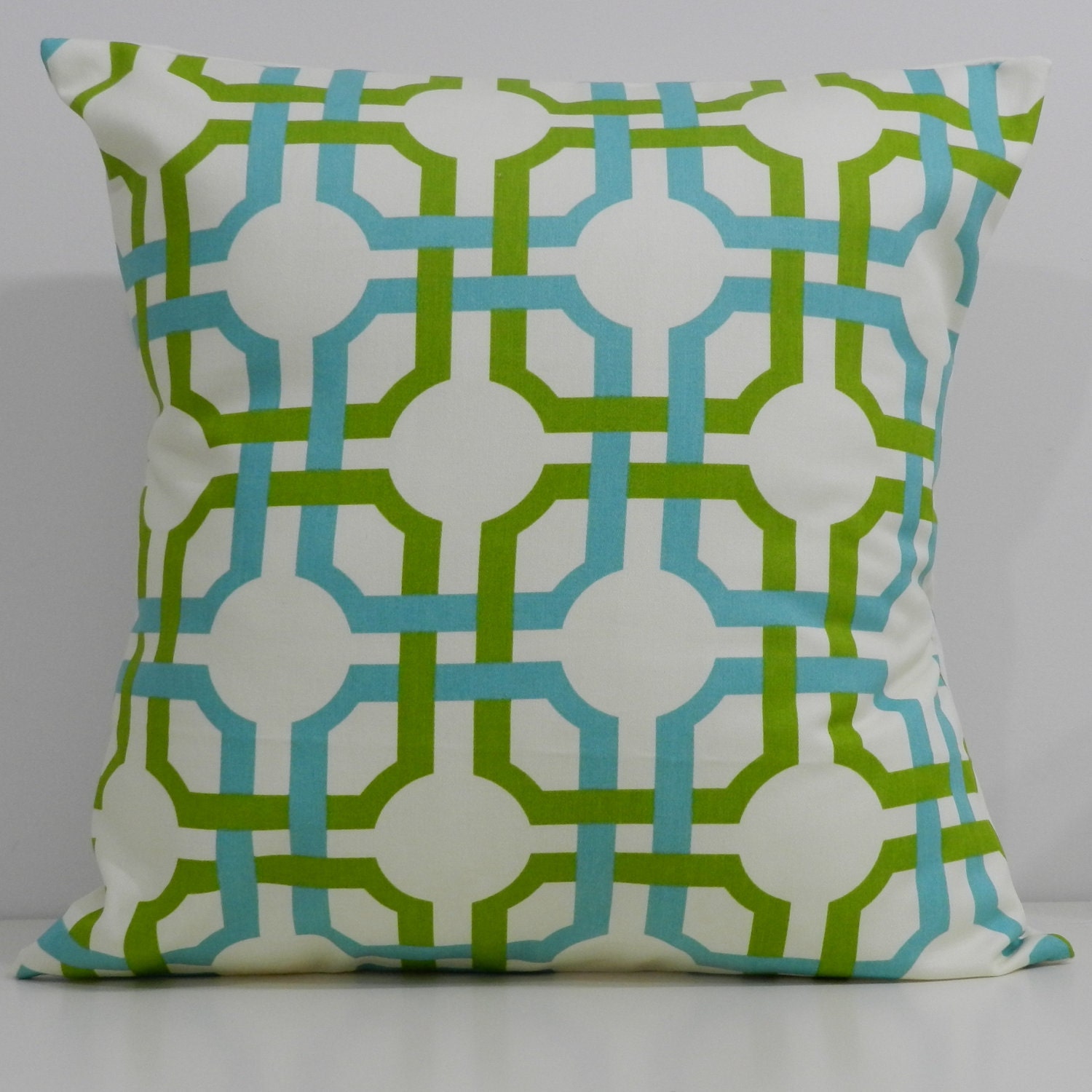New 18x18 Inch Designer Handmade Pillow Case in Blue and Green, Trellis