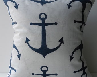 New 18x18 inch Designer Handmade Pillow Case in navy, grey and white nautical pattern