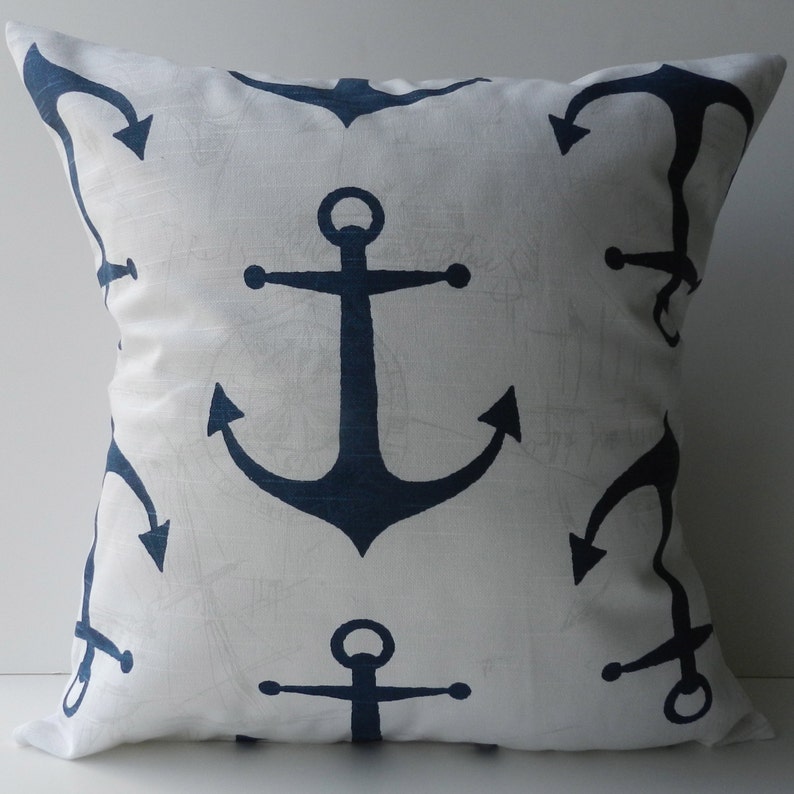 New 18x18 inch Designer Handmade Pillow Case in navy, grey and white nautical pattern image 1