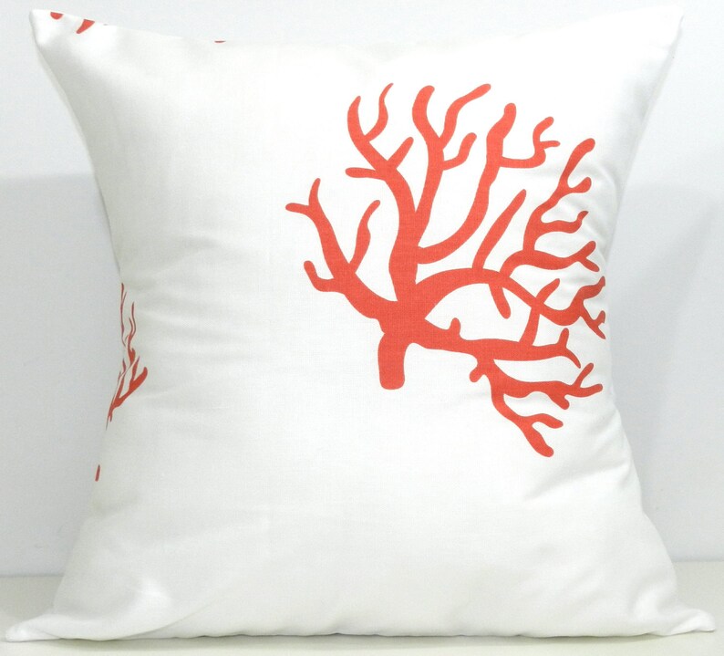 New 18x18 inch Designer Handmade Pillow Case in coral on white coral patterned fabric. image 1