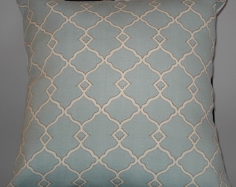 New 18x18 inch Designer Handmade Pillow Case. Contemporary designer fabric in blue, white and taupe lattice pattern.