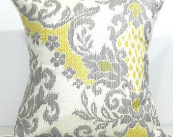 New 18x18 inch Designer Handmade Pillow Case in yellow cream and grey ikat