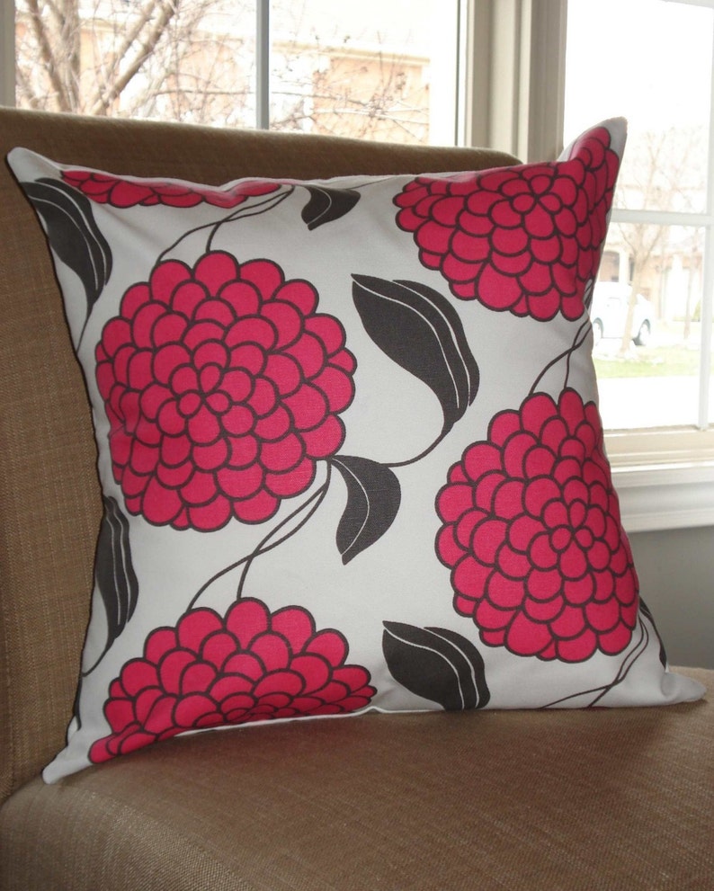 New 18x18 Inch Designer Handmade Pillow Case With Pink and Charcoal Grey Flowers on White. Etsy