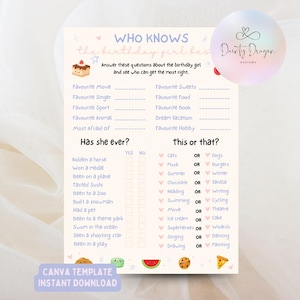 Puede incluir: Un juego imprimible para fiestas de cumpleaños con el texto "QUIÉN CONOCE mejor a la cumpleañera". El juego incluye preguntas para completar sobre los favoritos de la cumpleañera y preguntas de "Esto o aquello". El diseño es pastel con ilustraciones.