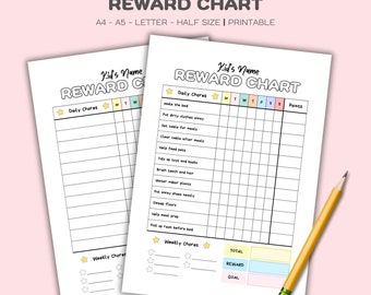 May include: Two printable reward charts with the text "REWARD CHART" and "Kid's Name". The charts include sections for daily and weekly chores, with spaces to track progress. A yellow pencil rests on the pink background.