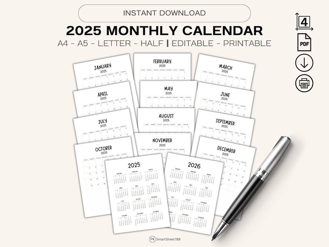 2025 Calendar 2025 Monthly Planner Vertical Sunday & Monday Start 2025