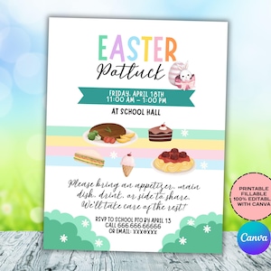 Op de afbeelding: Een kleurrijke, printbare uitnodiging voor een paas-potluck. De uitnodiging toont een konijn, verschillende voedingsmiddelen en de tekst "EASTER Potluck" in regenboogkleuren. Het evenement is gepland voor vrijdag 18 april van 11:00 tot 13:00 uur in de schoolzaal. De uitnodiging bevat ook de tekst "Breng een voorgerecht, hoofdgerecht, drankje of bijgerecht om te delen. Wij zorgen voor de rest!" en RSVP-informatie.