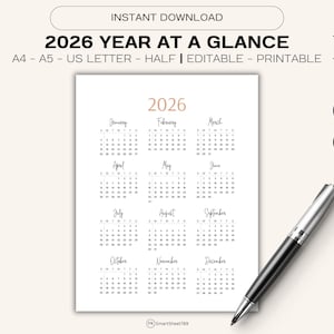 2026 Calendar Year at a Glance 2026 Single Page Calendar Desk Calendar Wall Calendar Calendar Poster Planner Minimalist Calendar Printable