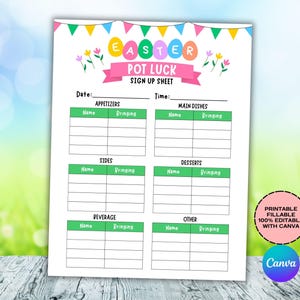 May include: Printable Easter potluck sign-up sheet with a colourful Easter egg design. The sheet includes sections for appetisers, main dishes, sides, desserts, beverages, and other. The text "Printable Fillable 100% Editable with Canva" is in a circle at the bottom right corner.