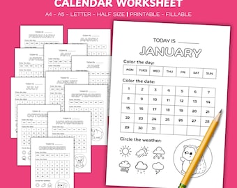 Animal Calendar Worksheet, Preschool Planner (Digital Download)