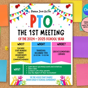 PTO First Meeting Sign PTA School Meeting flyer Printable Editable Meeting Flyer, Pto PTA Parent Newsletter, Volunteer Fundraiser Event