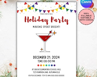 May include: White invitation with the text "Holiday Party" in red script, a cocktail illustration, and colorful bunting. Details include the date, time, and location. The Canva logo is visible.