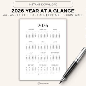 2026 Calendar Year at a Glance 2026 Single Page Calendar Desk Calendar Wall Calendar Calendar Poster Planner Minimalist Calendar Printable
