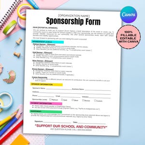 Editable Sponsorship Form Template, Sponsorship Form, Sponsorship Template, Sponsor Sheet, Printable Sponsorship Form, School PTO PTA