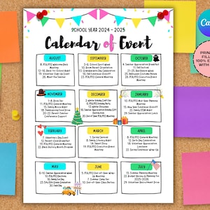 Calendario de eventos, folleto del calendario de eventos escolares, calendario mensual de la PTA, calendario de la PTO, calendario escolar, folleto del calendario editable en Canva