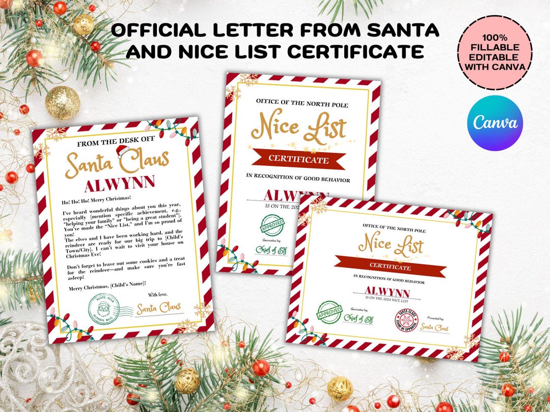 Official Letter From Santa Claus Nice List Certificate Bundle North ...