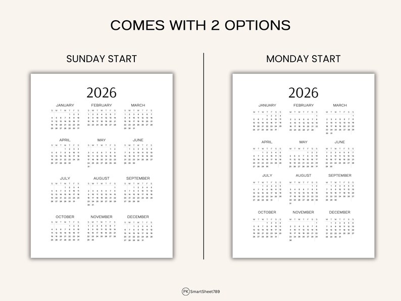 2026 Year at A Glance Calendar: Minimalist Printable (PDF) - Etsy