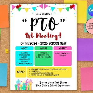 PTO Meeting Sign PTA School Meeting flyer Printable Editable Meeting Flyer, Pto PTA Parent Newsletter, School Volunteer Fundraiser Event