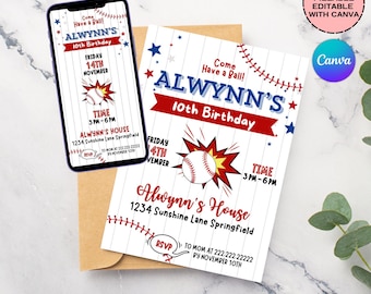 Invitación de cumpleaños de béisbol editable: Fiesta deportiva (Descarga digital)