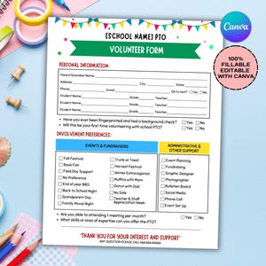 Editable Volunteer Form, Printable Club Volunteer Form, Editable Template, Volunteer Form Template, Printable Volunteer Form, School PTO PTA