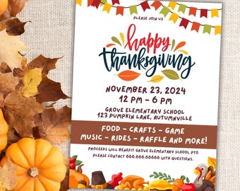 Puede incluir: Cartel de evento de Acción de Gracias con las palabras "happy thanksgiving" en una escritura colorida. El cartel incluye la fecha, la hora y el lugar del evento, junto con una lista de actividades. Calabazas y hojas de otoño en el fondo.