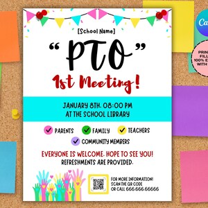 PTO Meeting Sign PTA School Meeting flyer Printable Editable Meeting Flyer, Pto PTA Parent Newsletter, School Volunteer Fundraiser Event