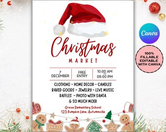 May include: A festive Christmas Market flyer with a Santa hat graphic. The flyer announces a market on December 7th with free entry from 10:00 AM to 8:00 PM. It lists vendors selling clothing, home decor, candles, baked goods, jewelry, and more.