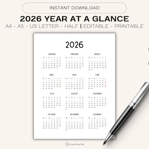2026 Calendar Year at a Glance 2026 Single Page Calendar Desk Calendar Wall Calendar Calendar Poster Planner Minimalist Calendar Printable