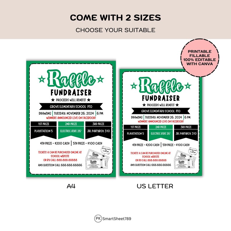 Editable Raffle Fundraiser Flyer Template: School, Church, Charity ...