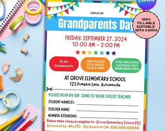 Volantino per la Festa dei Nonni: Invito all'evento scolastico (modificabile tramite CANVA, download digitale)