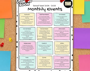Calendario escolar editable de eventos: Planificador mensual de la PTA/PTO (descarga digital)