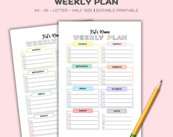 May include: Printable weekly planner with colorful boxes for each day of the week. The planner has a space for notes and a section for a child's name.