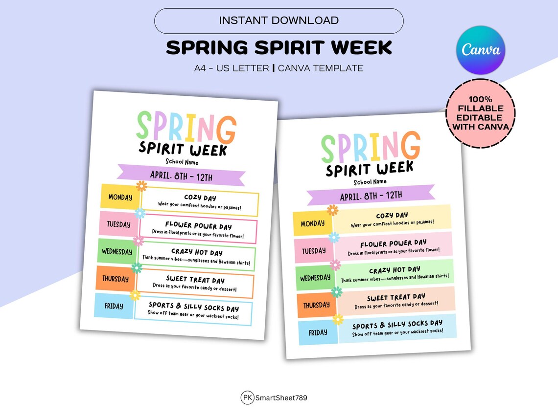 Spring Spirit Week Examples Editable Spring Spirit Week Flyer Canva Template, School Spirit ...