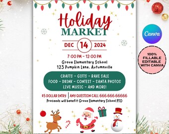 May include: A festive flyer for a Holiday Market, featuring red and green text and illustrations. The event is scheduled for December 14, 2024, at Grove Elementary School. The flyer lists crafts, gifts, food, music, and Santa photos.