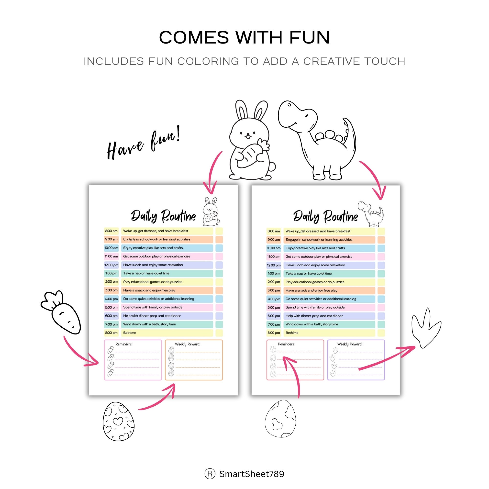 Kids Daily Routine Chart: Dinosaur & Rabbit Themes (printable, Editable ...