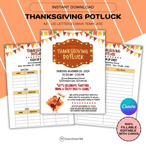 Thanksgiving Potluck Flyer Template, Dinner Invitation (CANVA Template)