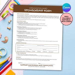 Editable Sponsorship Form Template, Sponsorship Form, Sponsorship Template, Sponsor Sheet, Printable Sponsorship Form, School PTO PTA
