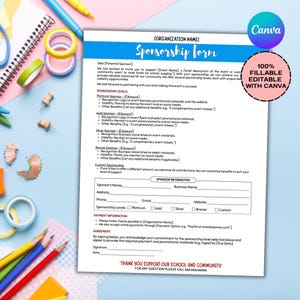 Editable Sponsorship Form Template, Sponsorship Form, Sponsorship Template, Sponsor Sheet, Printable Sponsorship Form, School PTO PTA