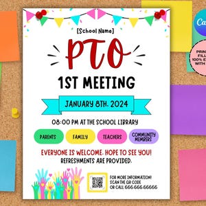 PTO Meeting Sign PTA School Meeting flyer Printable Editable Meeting Flyer, Pto PTA Parent Newsletter, School Volunteer Fundraiser Event