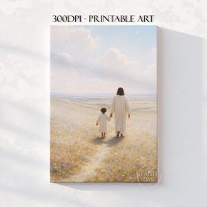 Jesus Walking with a Boy Christian Painting Jesus with Children Baptism Gift for a Boy Room Artwork Modern Christian Painting Jesus W327