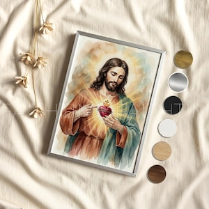 Póster de acuarela del Sagrado Corazón de Jesús, decoración cristiana espiritual, arte religioso para pared, marco de madera, regalo devocional P239