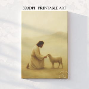 Jesus with a Sheep Painting Good Shepherd Artwork Jesus and a Lost Lamb Painting Modern Christian Art of Jesus Leaves the 99 Wall Art W347