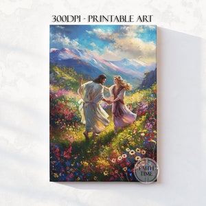 Jesus dansar med en kvinna på ängen Kristen konst Trobaserad väggkonst, Skrift Digital nedladdning Religiös konsttryck W98