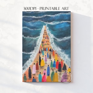 Puede incluir: Una pintura de un grupo de personas caminando por un sendero a través del océano. Las personas visten ropa colorida y el sendero está hecho de arena. El océano es de un azul profundo y las olas rompen alrededor del sendero. La pintura se titula "Faith Time".