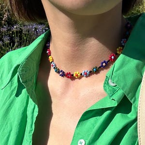 Rainbow Coloured Flower Beaded Necklace