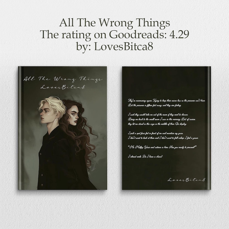 May include: A book cover for "All The Wrong Things" by LovesBitca8. The cover features a side profile illustration of a person with blonde hair and a person with dark hair. The book's title and author are displayed.
